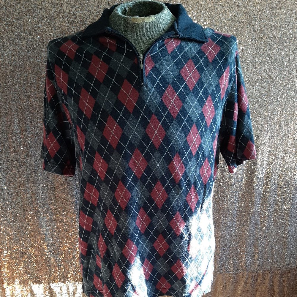 Lyle&Scott Men's Black/Red/Grey Plaid Collar Neck Half Zip Short Sleeve Shirt M